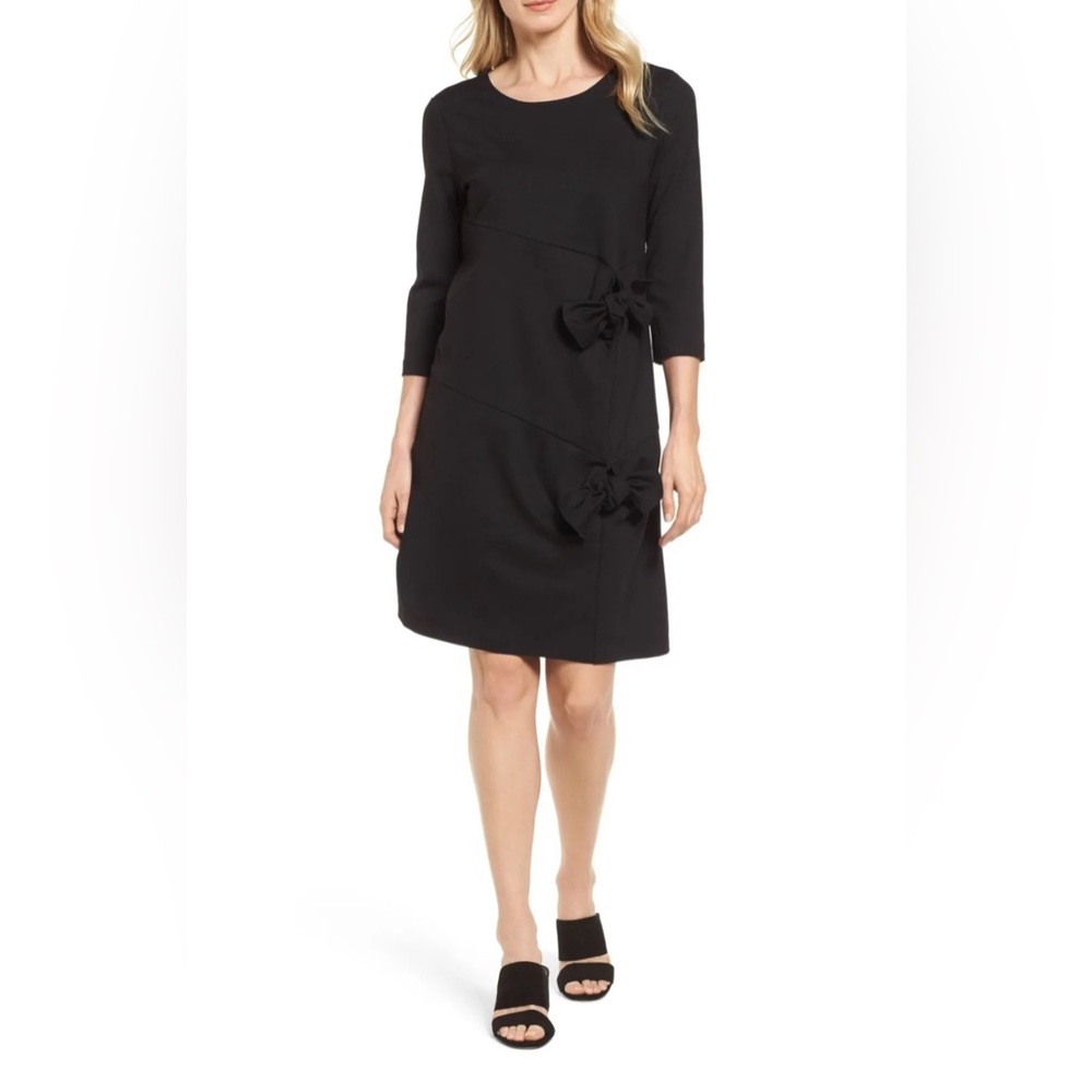 NWOT Halogen Black Bow Tie Detail Knee Length Dress 3/4 Sleeve Size Large